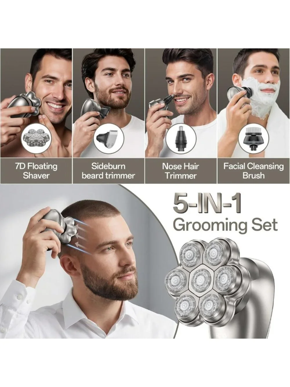 7D Waterproof Electric Head Shaver for Men - 5-in-1 Grooming Kit, Bald Care